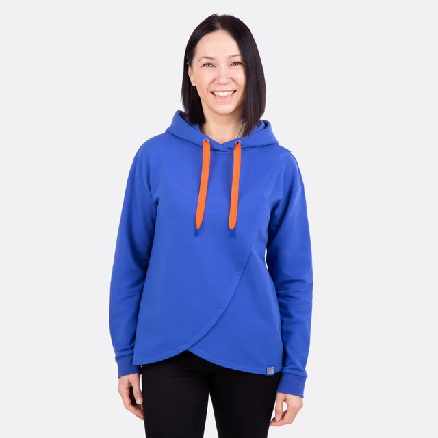Kapuzenshirt Wickeltoptik nähen Sweatstoff royalblau